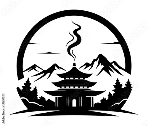 japanese temple mountain view black silhouette shape