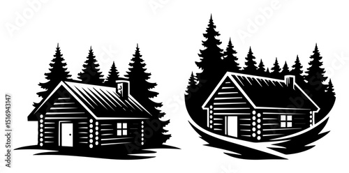 log cabin in pine forest black silhouette shape