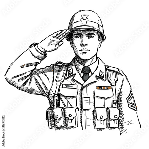 Army soldier saluting in uniform with military equipment and gear  