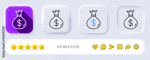 Money bag line icon. Neumorphic, Flat shadow, 3d buttons. Cash Banking currency sign. Dollar or USD symbol. Line money bag icon. Social media icons. Vector