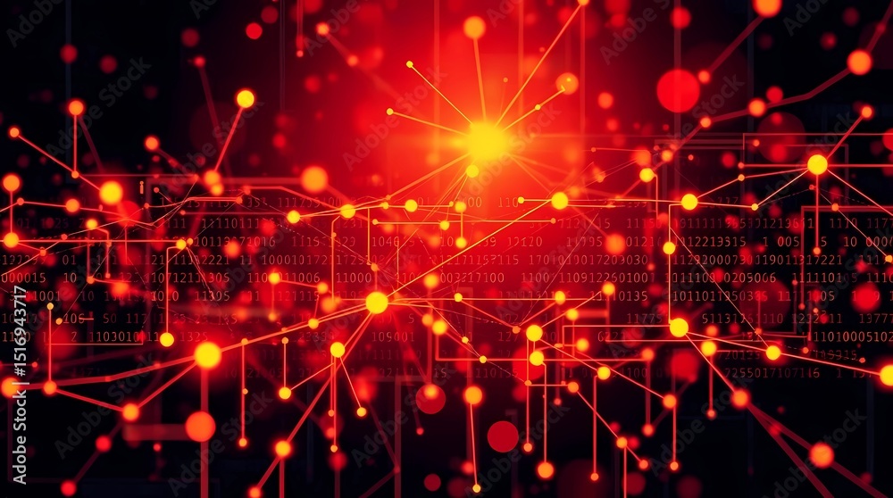 Obraz premium Abstract technology background with warm backlighting. Reds, oranges, and yellows. Neural networks, binary code, interconnected nodes glow