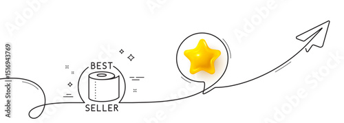 Toilet paper tissue roll line icon. Continuous line with share plane. Best seller sign. Coronavirus shopping panic symbol. 3d star in speech bubble. Toilet paper single line ribbon. Vector