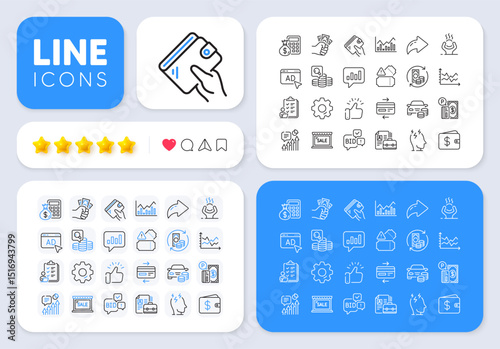 Dollar wallet, Kpi and Vacancy line icons for web app. Message, Share, Like social media icons. Pack of Bid offer, Wallet, Finance calculator pictogram icons. Vector