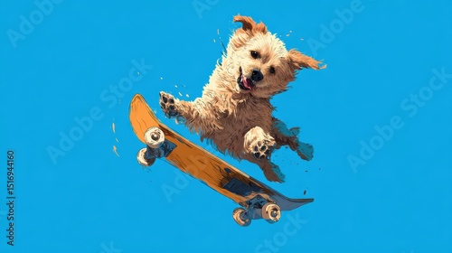 A playful dog riding a skateboard, performing an impressive trick in mid-air. Blue background.