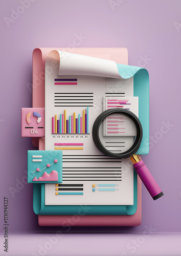Colorful data analysis concept with graphs and magnifying glass on pastel background