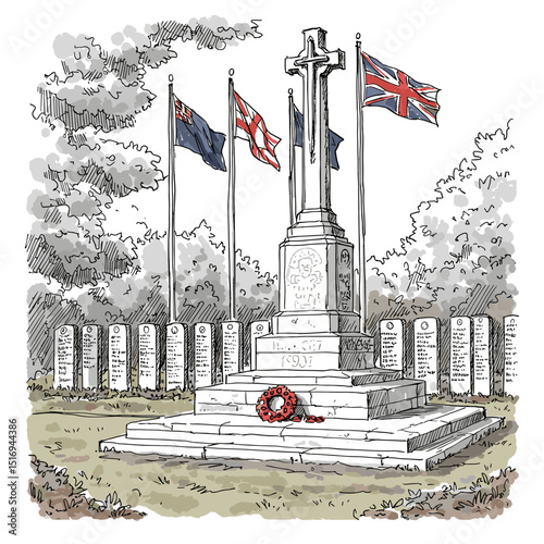 War memorial with flags and wreath in a peaceful garden setting  