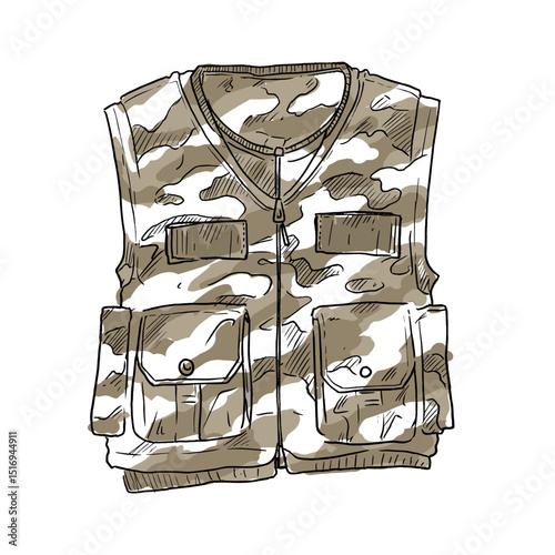 Camouflage vest with pockets in casual sketch style  