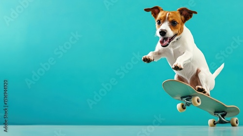 A happy dog riding a skateboard, performing an impressive trick in mid-air. Blue background.