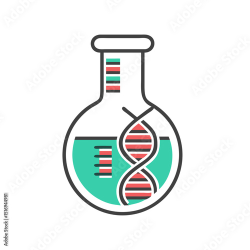 Laboratory flask with DNA helix and solution in turquoise color  