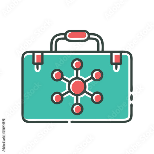 Medical kit with abstract molecular symbol in flat design  