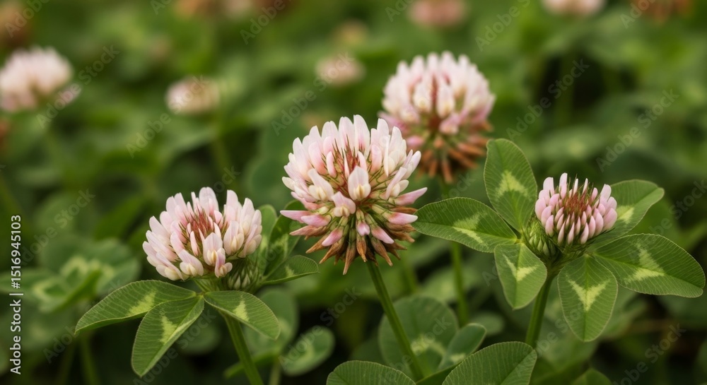Fototapeta premium Close-up of pink clover flowers in lush green foliage