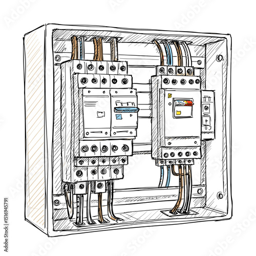 Electrical circuit breaker panel with wires in detailed sketch style  