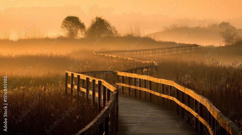 Obraz premium Serene Misty Landscape Wooden Boardwalk: Tranquil Sunrise's Ethereal Beauty and Nature Connection