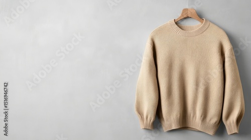 Light beige sweater on hanger against a gray wall