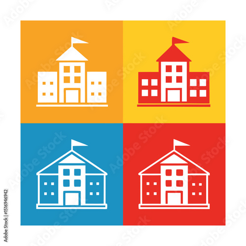 School Building Icon in Various Styles
