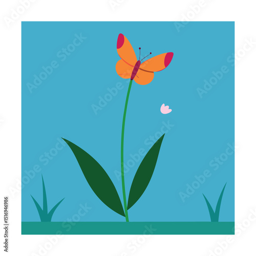 Butterfly Above a Lone Flower in the Grass