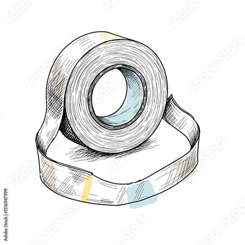 Sketch of adhesive tape roll with loose end on a flat surface  