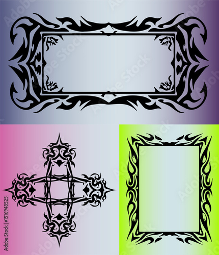 Three ornate vector frames with bold tribal motifs in black, set against colorful gradients. The style is modern tribal tattoo, which remains influential in graphic and poster design trends today.