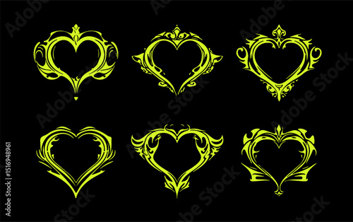 Neon yellow tribal heart shapes on a black background. The design features bold, ornate lines in 2025's trendy Y2K tribal tattoo revival style, perfect for graphic and digital art projects.