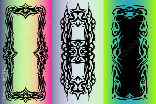 Three vector tribal frames on a colorful gradient background. The illustration features bold, sharp lines and popular Y2K-inspired tribal tattoo style, which is currently trending in digital art.