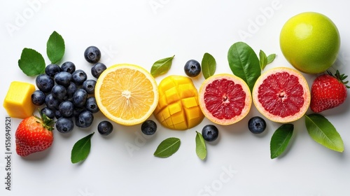 Fototapeta Naklejka Na Ścianę i Meble -  Fresh fruits frame with space for text. Colorful mix of berries, citrus, and tropical fruits