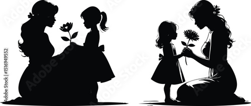 Silhouette of people: woman, girl, child, and boy with a dog, walking, dancing, and shopping, a black vector illustration of a family in love