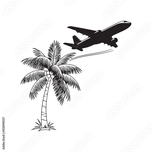 Tropical Getaway Airplane Soaring Over Palm Tree Paradise