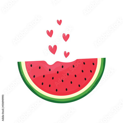 Watermelon Slice with Hearts Clipart Vector Illustration Isolated on White Background.