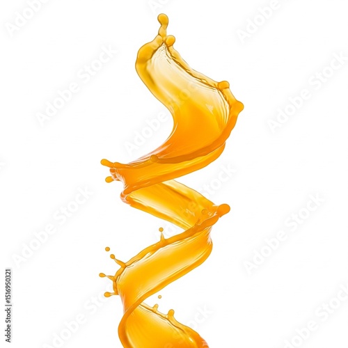 A vibrant orange juice splash swirls into a dynamic spiral with droplets, on a clean white background. Premium clarity, close-up, studio lighting.