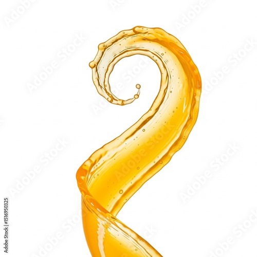 A vibrant orange juice splash swirls into a dynamic spiral with droplets, on a clean white background. Premium clarity, close-up, studio lighting.