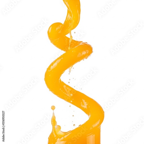 A vibrant orange juice splash swirls into a dynamic spiral with droplets, on a clean white background. Premium clarity, close-up, studio lighting.