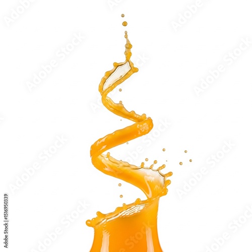A vibrant orange juice splash swirls into a dynamic spiral with droplets, on a clean white background. Premium clarity, close-up, studio lighting.