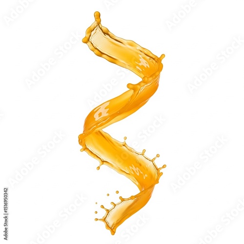 A vibrant orange juice splash swirls into a dynamic spiral with droplets, on a clean white background. Premium clarity, close-up, studio lighting.