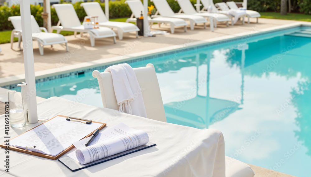 Fototapeta premium Elegant white chairs under commercial awning by swimming pool on sunny terrace 