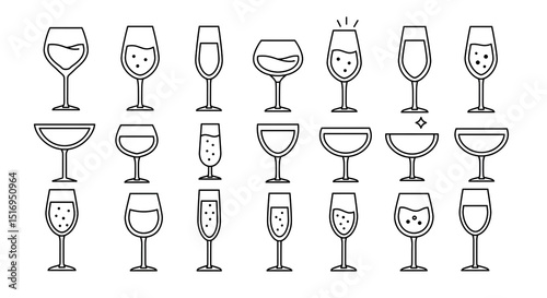 Collection of Minimalist Wine and Champagne Glass Icons - Versatile Stemware Line Art for Beverage Menus and Events.