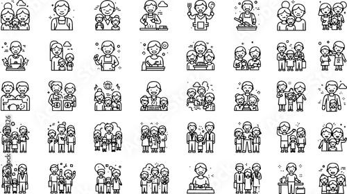 Happy family icons set diverse family activities