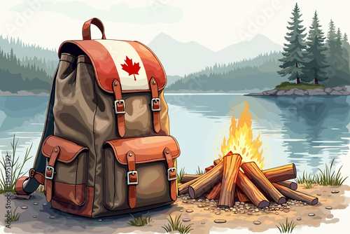 Camping backpack with Canadian flag near campfire by lake, adventure and nature, beautiful scenery