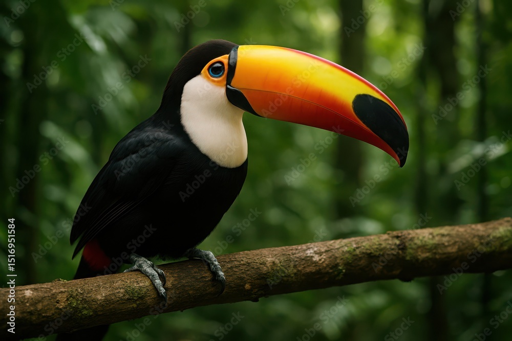 Obraz premium Vibrant toucan perched on a branch surrounded by lush rainforest foliage in the early morning light