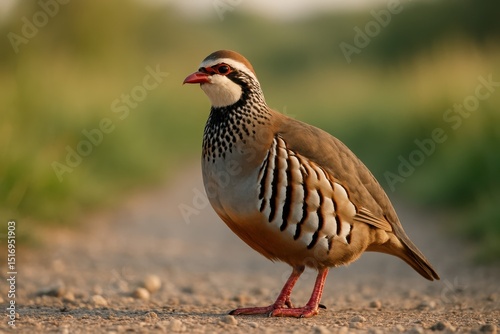 Elegant chukar partridge showcases stunning plumage while wandering through a sunlit path in the soft morning glow