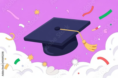 Graduation cap floating in the clouds with colorful confetti background  