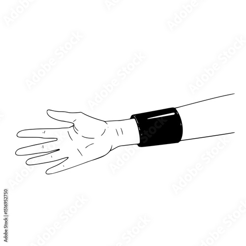Blood pressure cuff on arm in simple black line art style  