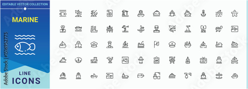 Marine linear icon set. Minimal linear icons. Vector illustration. Pixel perfect. Transport simple icon set. Contain linear symbols sea, ship, ocean, vessel, port and more.