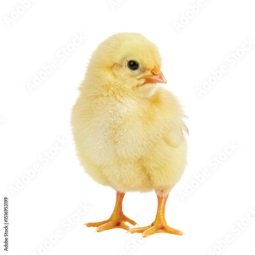 Isolated close up of a small yellow chick standing on a white background