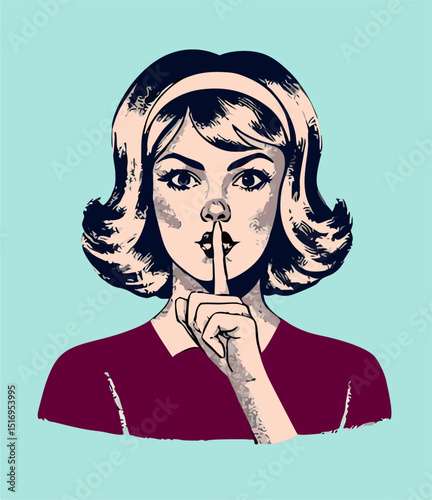 Retro Woman Shushing, Vintage Pop Art Style Illustration