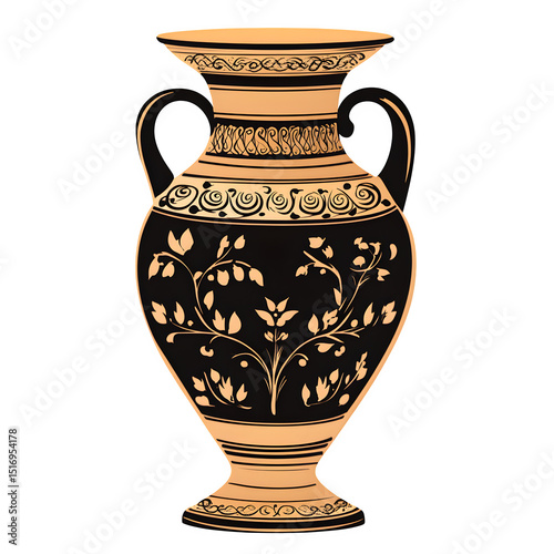 A Greek pottery vase with black-figure art, stylized vector drawing with intricate designs, transparent background, for an infographic on Greek art and culture.