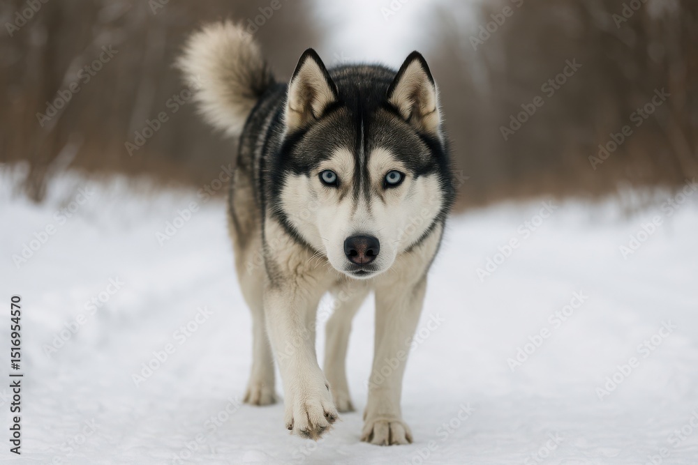 Siberian husky gracefully walking through a snowy landscape surrounded by winter trees Siberian husky gracefully walking through a snowy landscape surrounded by winter trees