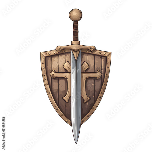 A medieval knight?s sword and shield crossed, clean vector style, metallic shades, transparent background, useful for educational materials on medieval warfare.
