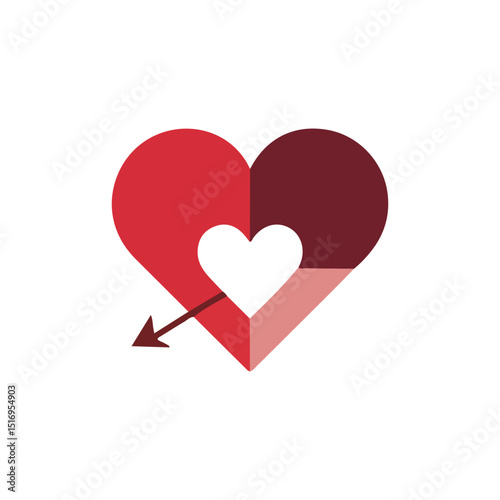 A love-struck heart pierced by an arrow, perfect for Valentine's Day.This graphic design showcases a stylized heart, split into red, maroon, and peach sections, with a white heart within and an arrow 