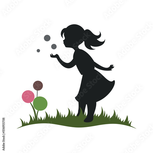Girl Blowing Soap Bubbles Happily Silhouette