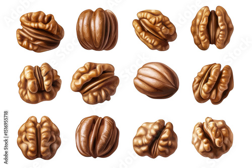 Twelve pecan halves and whole pecans isolated on transparent background